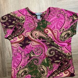 Vintage Koret Paisley Print Top Womens Petite Medium Pink Short Sleeve Boho 90s